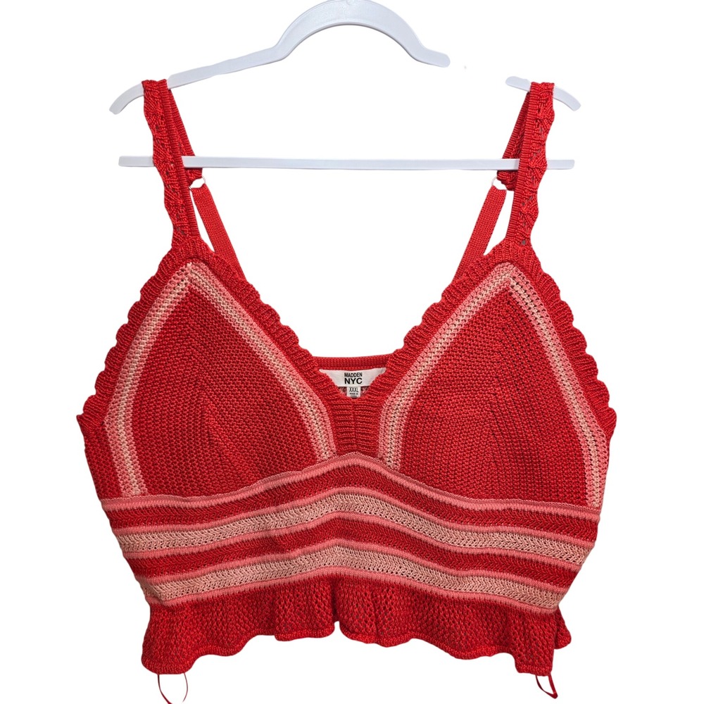 Madden NYC Womens Red Pink Striped Crochet Knit Bralette Ruffle Top XXXL‎